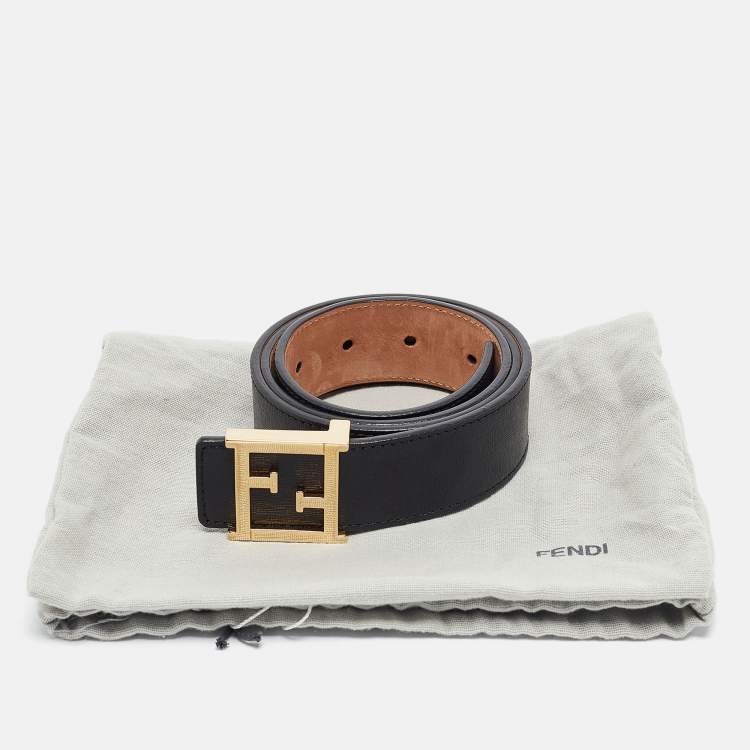 Pre Owned Fendi Black Leather FF Logo Buckle Belt 80CM