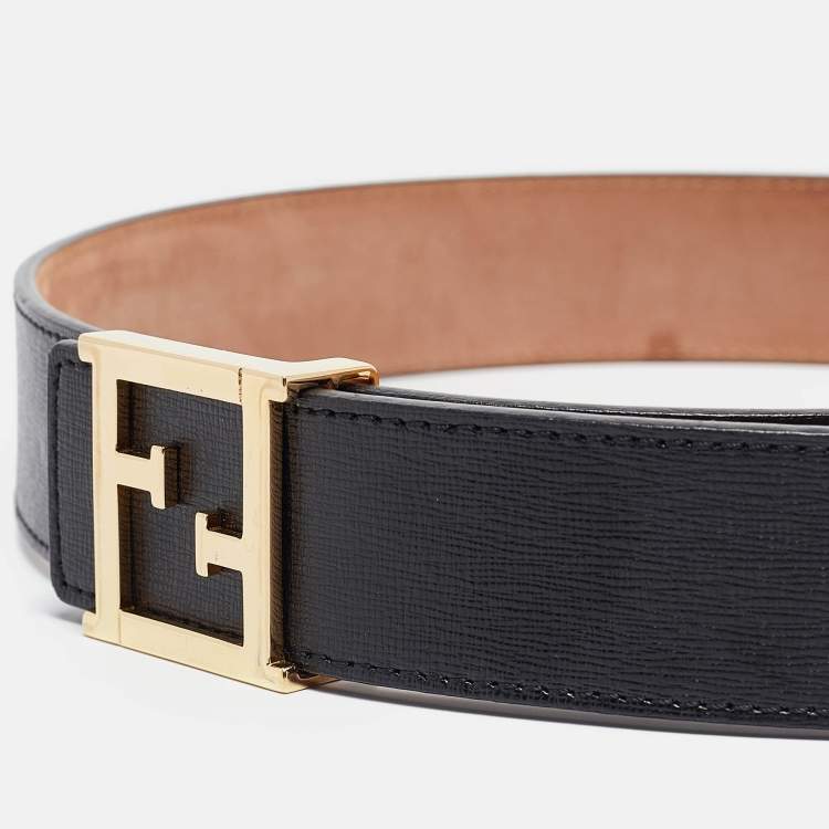 Pre Owned Fendi Black Leather FF Logo Buckle Belt 80CM