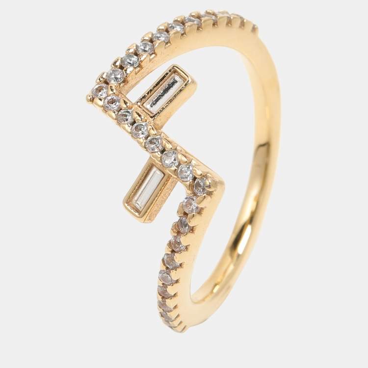 Pre Owned Fendi Gold Tone Crystal Fendi First Ring Size 51