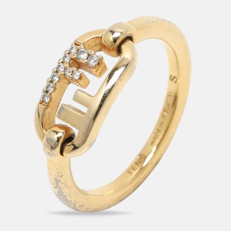 Pre Owned Fendi Gold Tone Metal Crystal O'Lock Ring Size 50