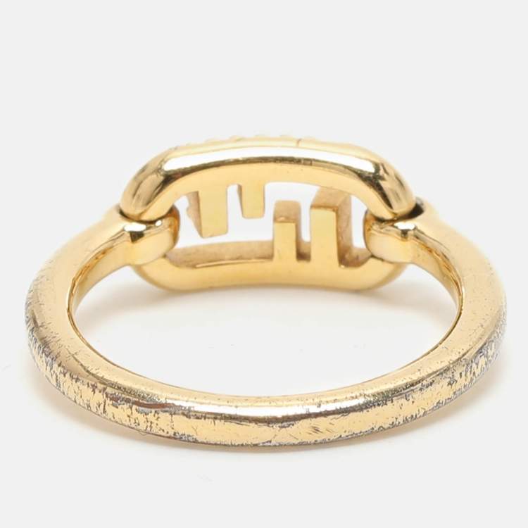Pre Owned Fendi Gold Tone Metal Crystal O'Lock Ring Size 50