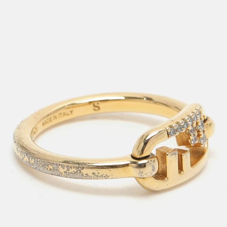 Pre Owned Fendi Gold Tone Metal Crystal O'Lock Ring Size 50