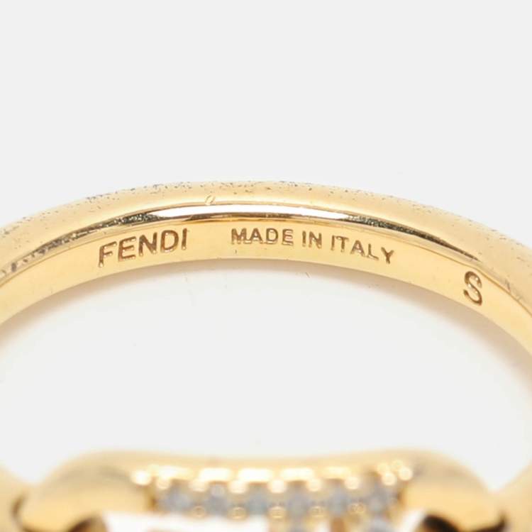 Pre Owned Fendi Gold Tone Metal Crystal O'Lock Ring Size 50