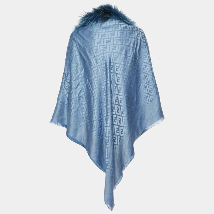 Pre Owned Fendi Blue Touch of Fur FF Jacquard Silk & Wool Shawl