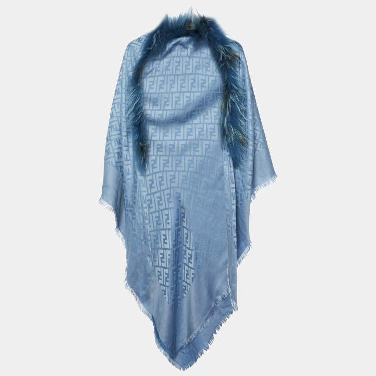Pre Owned Fendi Blue Touch of Fur FF Jacquard Silk & Wool Shawl