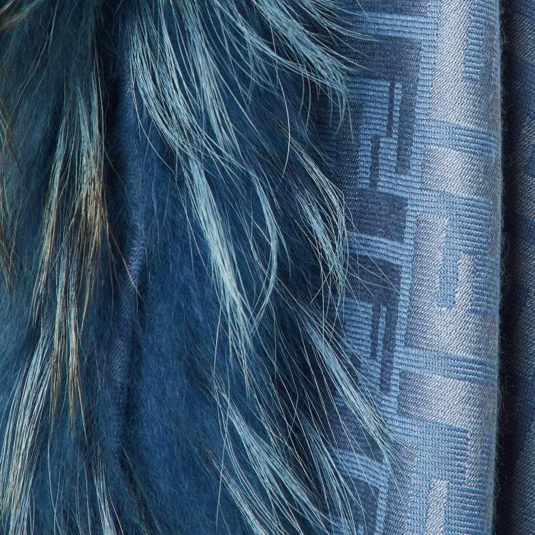Pre Owned Fendi Blue Touch of Fur FF Jacquard Silk & Wool Shawl