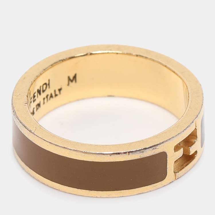Pre Owned Fendi The Fendista Bi-color Enamel Gold Tone Band Ring Size 55