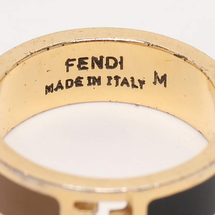 Pre Owned Fendi The Fendista Bi-color Enamel Gold Tone Band Ring Size 55