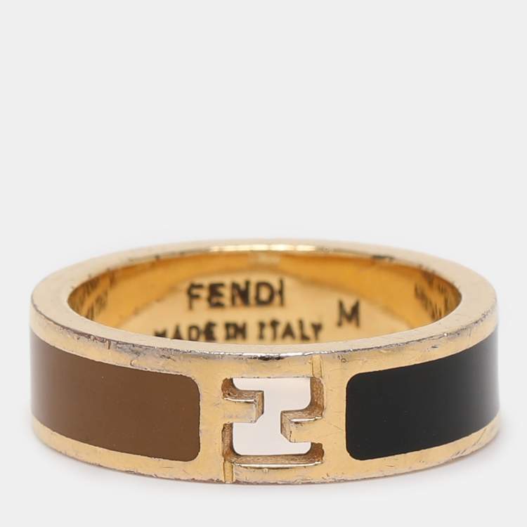 Pre Owned Fendi The Fendista Bi-color Enamel Gold Tone Band Ring Size 55