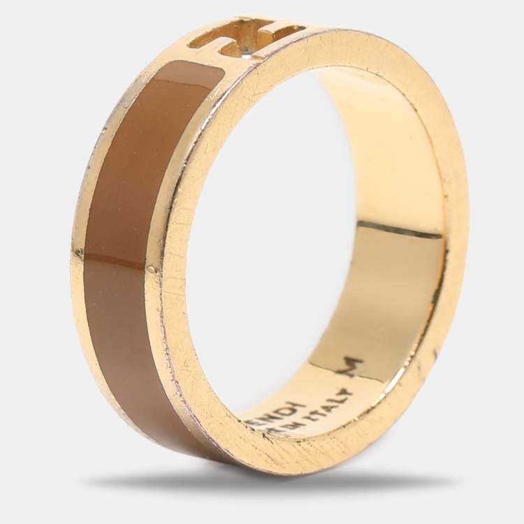 Pre Owned Fendi The Fendista Bi-color Enamel Gold Tone Band Ring Size 55
