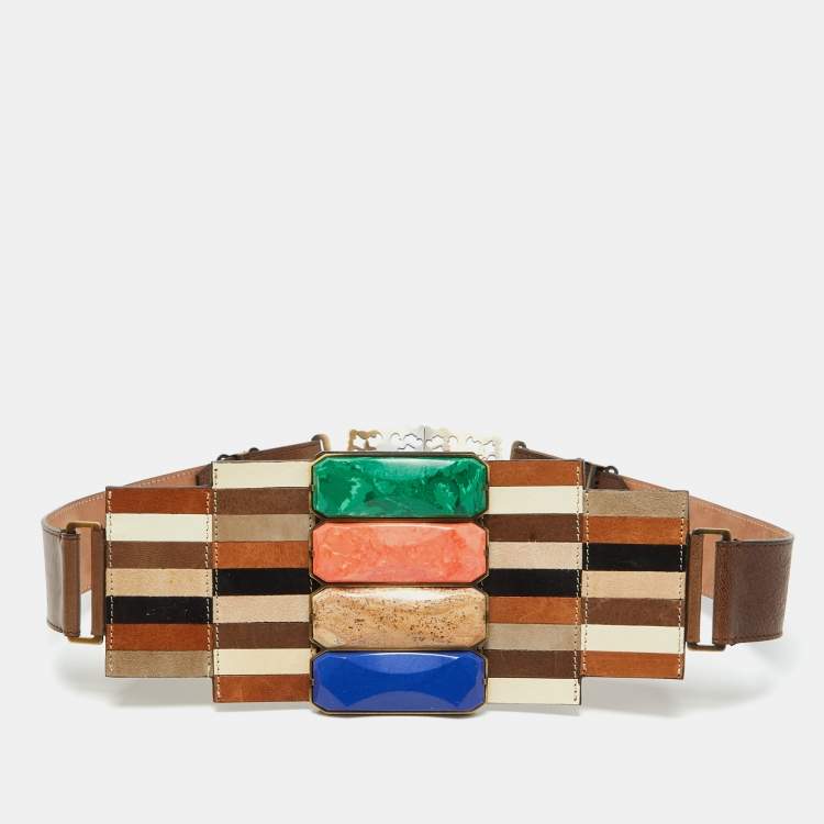 Pre Owned Fendi Brown Leather Mosaic Lapis Statement Belt 80CM