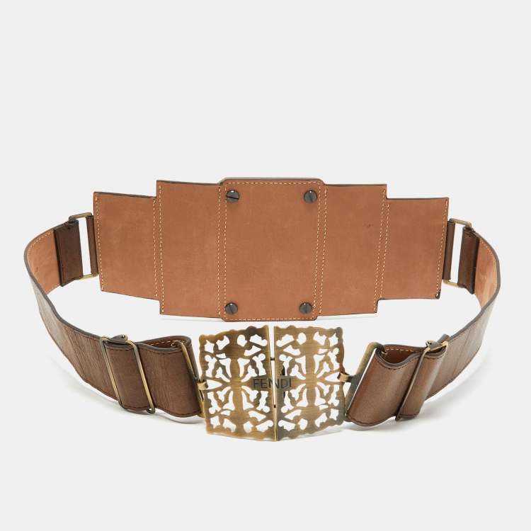 Pre Owned Fendi Brown Leather Mosaic Lapis Statement Belt 80CM