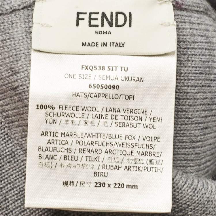 Pre Owned Fendi Grey Intarsia Wool Pom Pom Beanie
