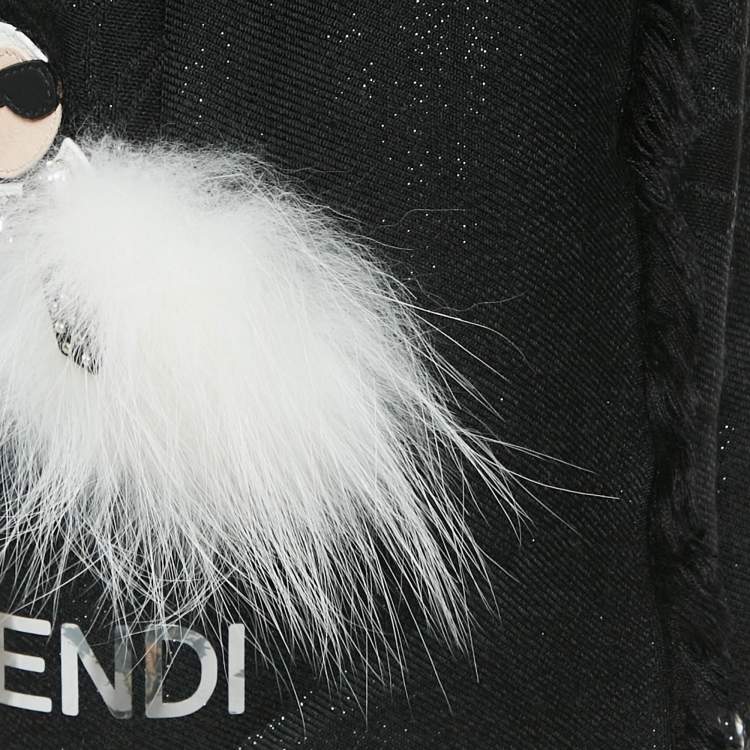 Pre Owned Fendi Black Karlito Fox Fur Applique Silk and Wool Shawl 