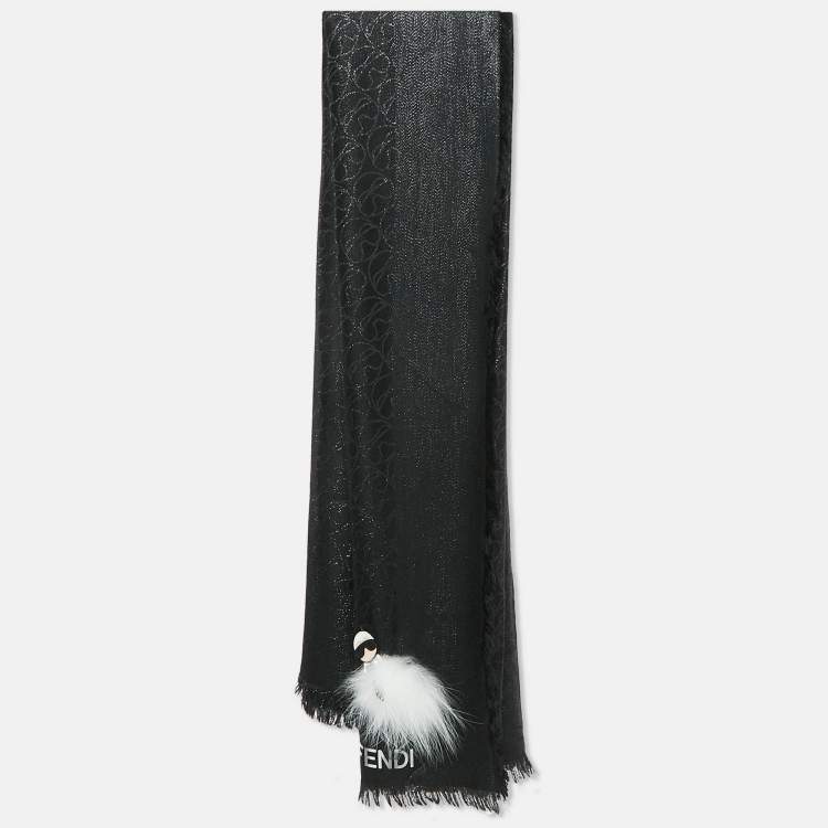 Pre Owned Fendi Black Karlito Fox Fur Applique Silk and Wool Shawl 
