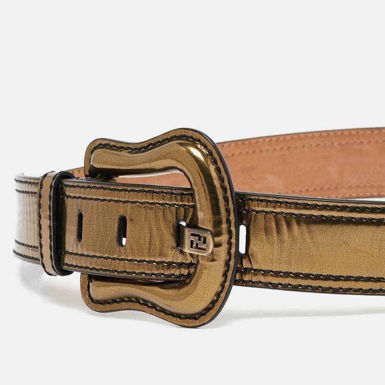 Pre Owned Fendi Gold Patent Leather B Buckle Belt 95CM
