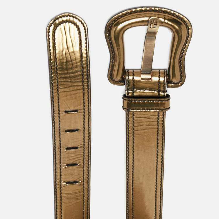 Pre Owned Fendi Gold Patent Leather B Buckle Belt 95CM
