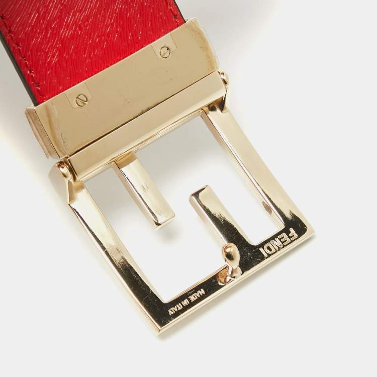 Pre Owned Fendi Brown/Red Zucca Coated Canvas and Patent Leather FF Logo Belt 85 CM