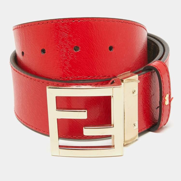 Pre Owned Fendi Brown/Red Zucca Coated Canvas and Patent Leather FF Logo Belt 85 CM