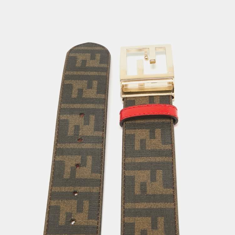 Pre Owned Fendi Brown/Red Zucca Coated Canvas and Patent Leather FF Logo Belt 85 CM