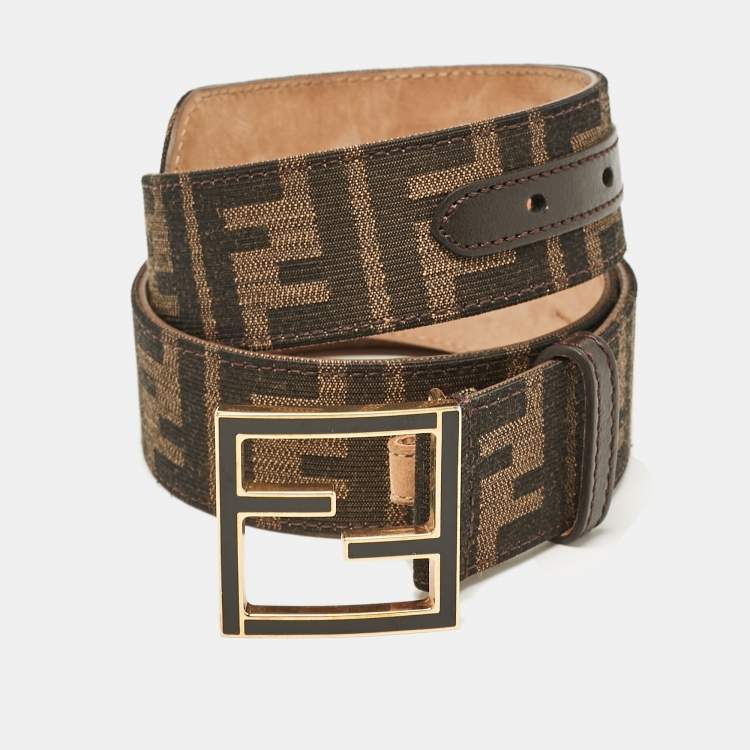 Pre Owned Fendi Tobacco Zucca canvas and Leather FF Buckle Belt 80CM