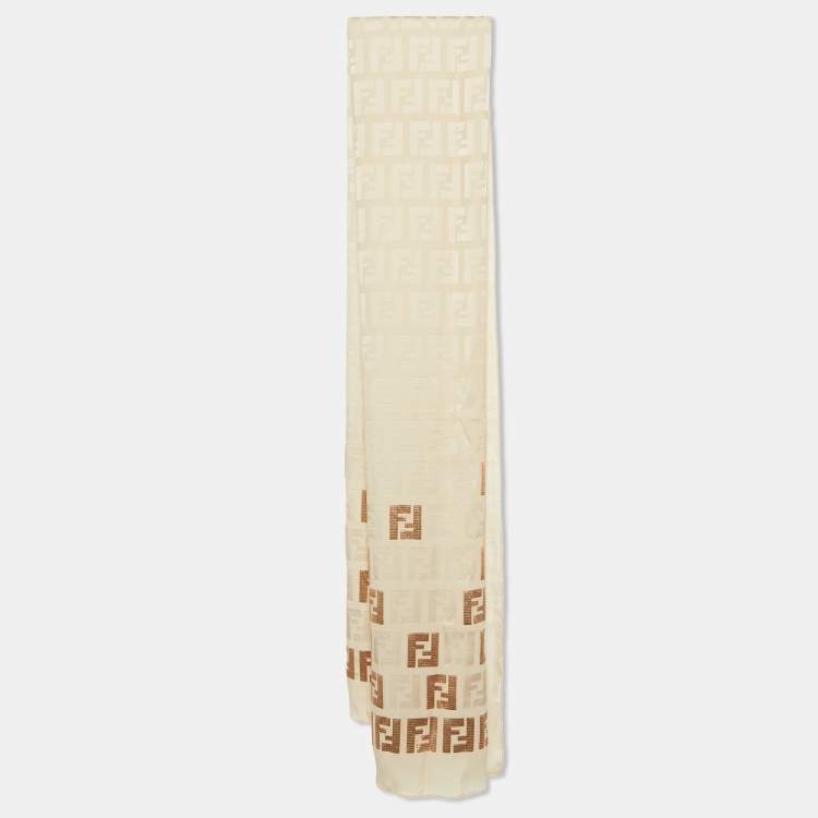 Pre Owned Fendi Beige/Gold Zucca Print Silk Scarf
