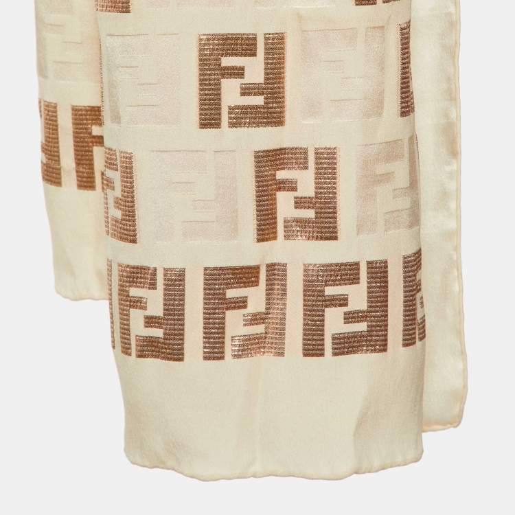 Pre Owned Fendi Beige/Gold Zucca Print Silk Scarf