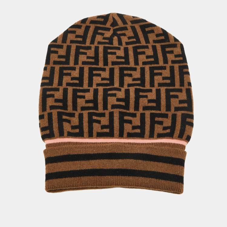 Pre Owned Fendi Brown FF Cashmere & Wool Knit Beanie 