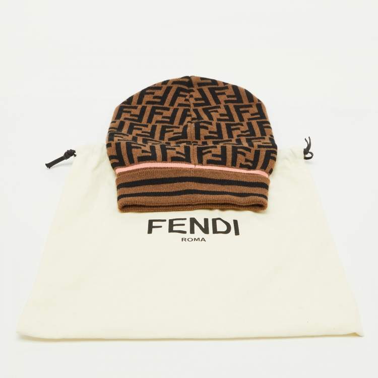 Pre Owned Fendi Brown FF Cashmere & Wool Knit Beanie 