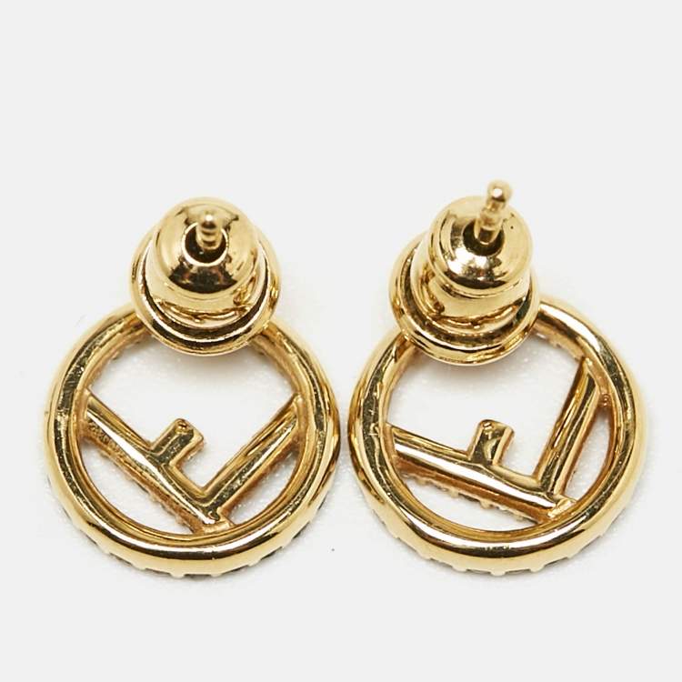 Pre Owned  Fendi F is Fendi Crystal Gold Tone Stud Earrings