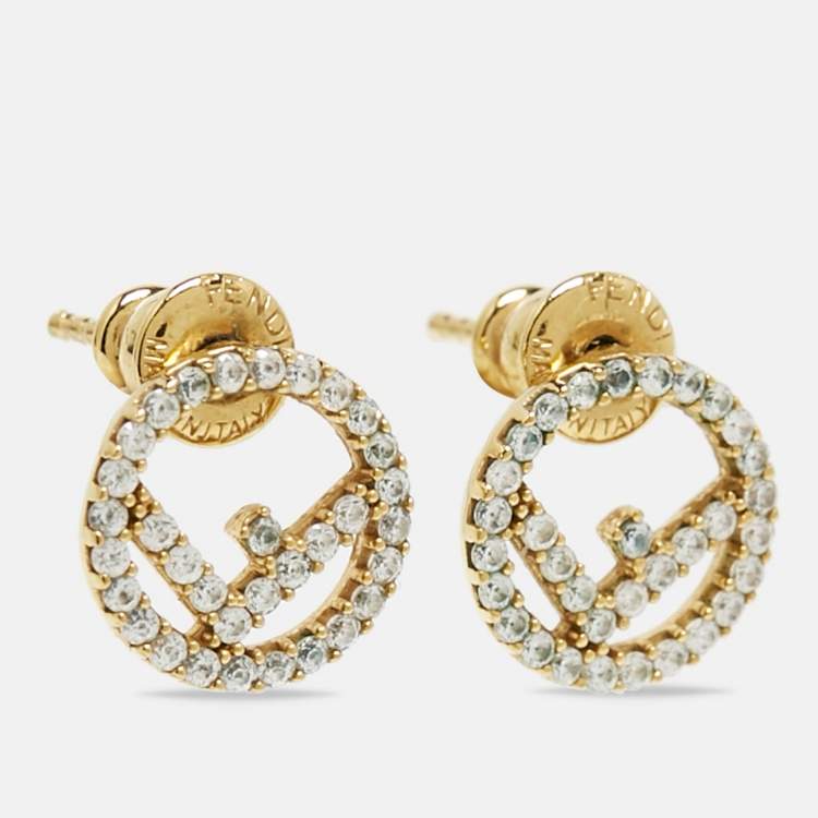 Pre Owned  Fendi F is Fendi Crystal Gold Tone Stud Earrings
