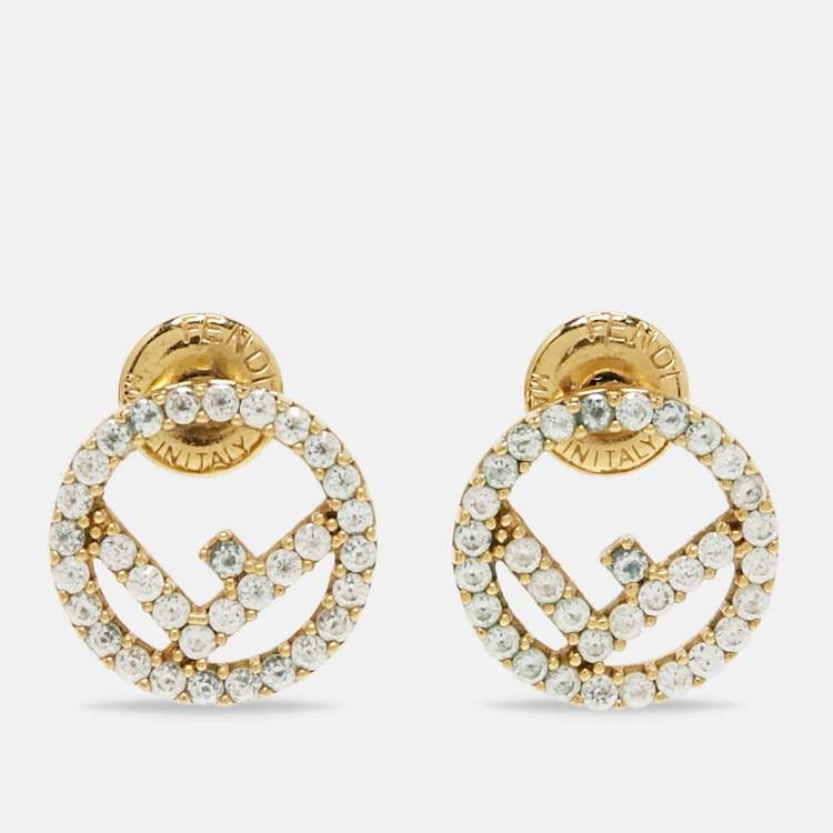 Pre Owned  Fendi F is Fendi Crystal Gold Tone Stud Earrings