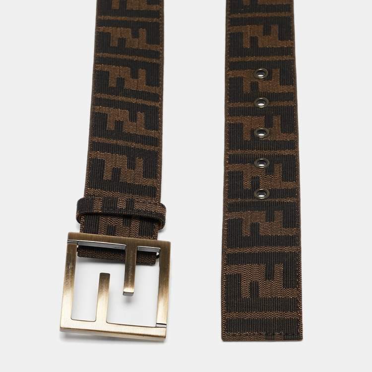 Pre Owned Fendi Brown Zucca Canvas FF Logo Buckle Belt 90 CM