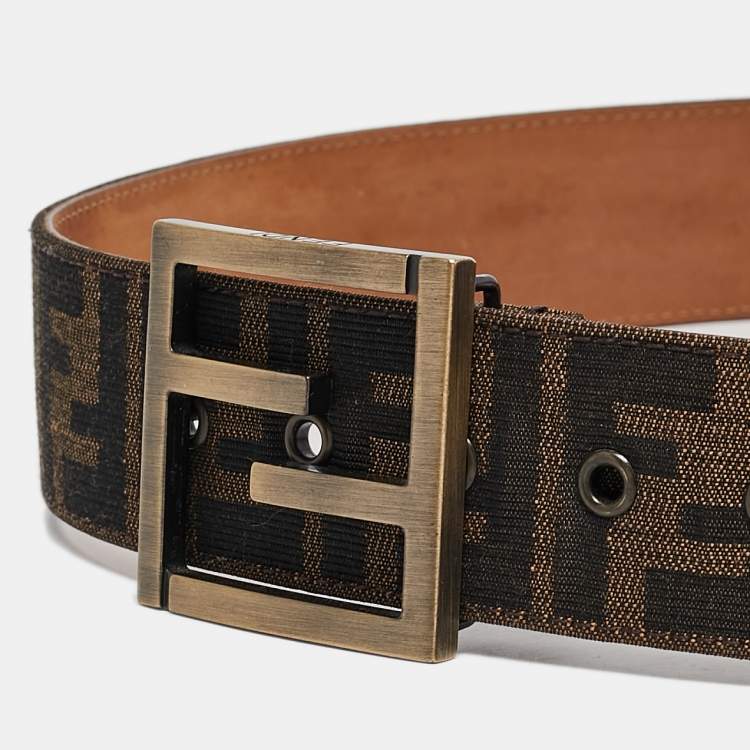 Pre Owned Fendi Brown Zucca Canvas FF Logo Buckle Belt 90 CM