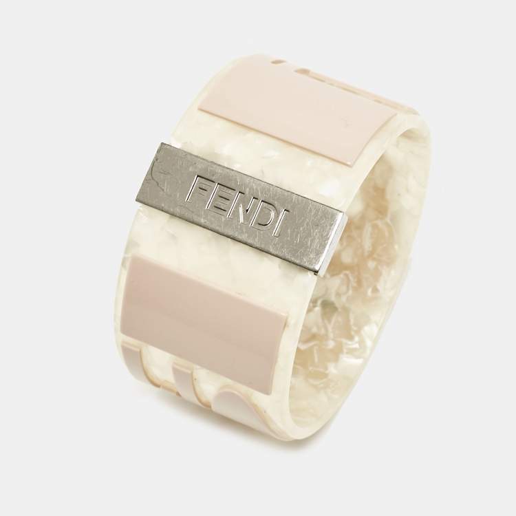 Pre Owned Fendi Logo Resin Silver Tone Bangle Bracelet
