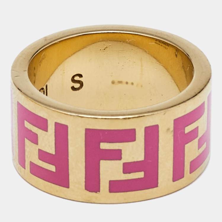 Pre Owned Fendi FF Logo Forever Enamel Gold Tone Ring  Size 52