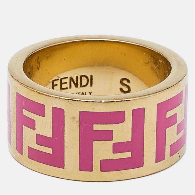 Pre Owned Fendi FF Logo Forever Enamel Gold Tone Ring  Size 52