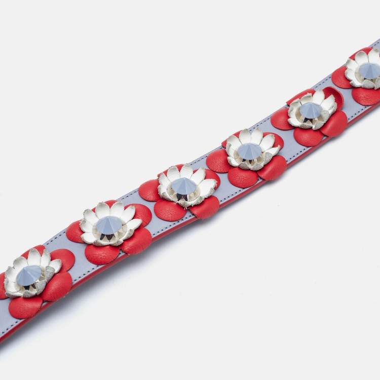 Pre Owned Fendi Red/Grey Leather Flowerland Strap You Shoulder Bag Strap
