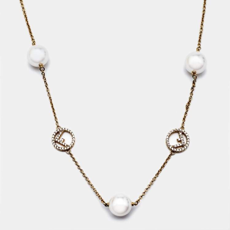 Pre Owned Fendi Faux Pearl Crystal Gold Tone Station Necklace 