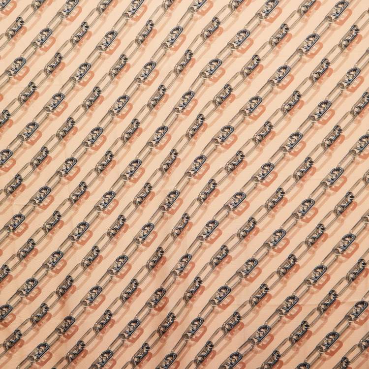 Pre Owned Fendi Chain Link Peach Grey Silk Sqaure Scarf