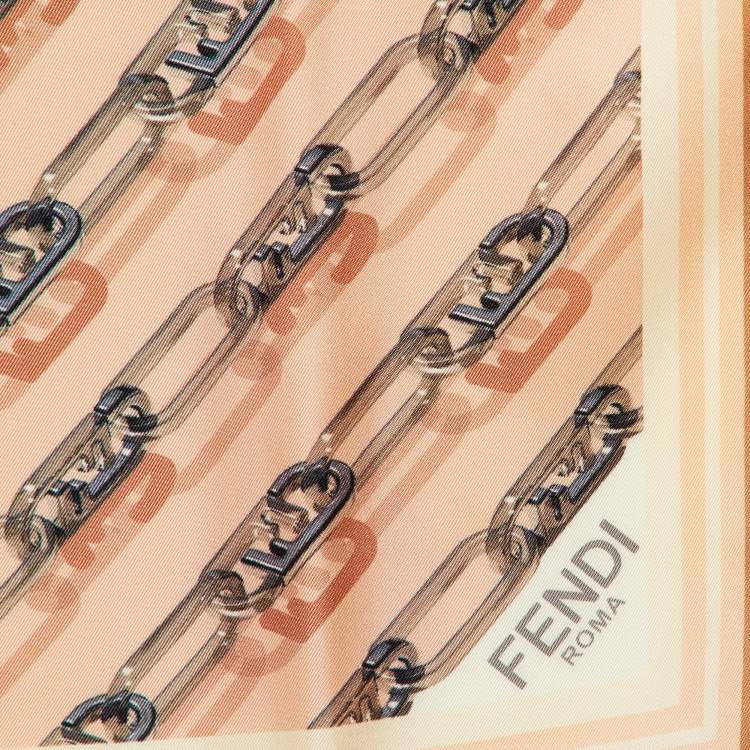 Pre Owned Fendi Chain Link Peach Grey Silk Sqaure Scarf
