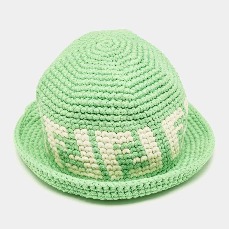 Pre Owned Fendi Green Logo Crochet Bucket Hat S/M