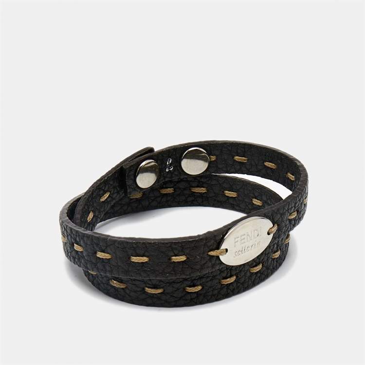 Pre Owned Fendi Selleria Brown Leather Silver Tone Bracelet 7