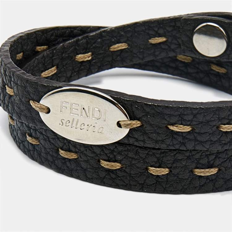 Pre Owned Fendi Selleria Brown Leather Silver Tone Bracelet 7