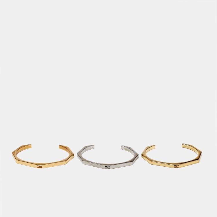 Pre Owned Fendi Baguette Bi-color Set of 3 Open Cuff Bracelet S