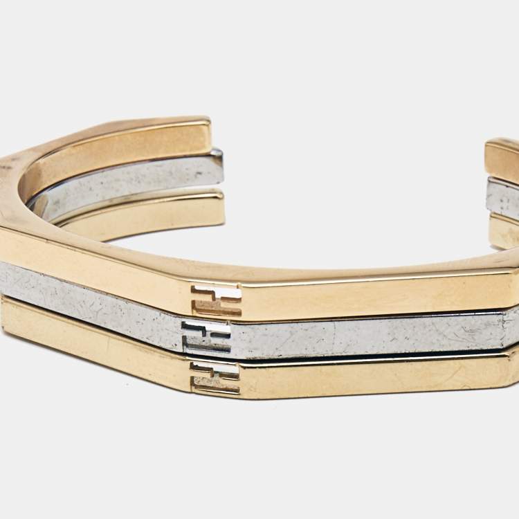 Pre Owned Fendi Baguette Bi-color Set of 3 Open Cuff Bracelet S