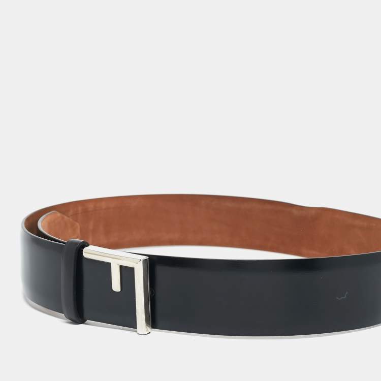Pre Owned Fendi Black Leather F Logo Buckle Belt 80 CM