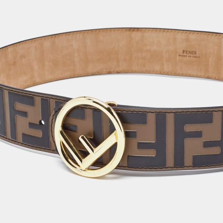 Pre Owned Fendi Brown/Black Zucca Embossed Leather F Buckle Belt 75 CM