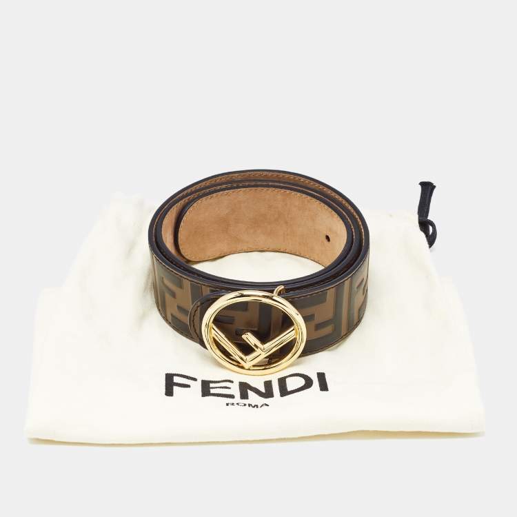 Pre Owned Fendi Brown/Black Zucca Embossed Leather F Buckle Belt 75 CM