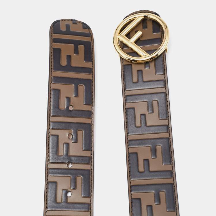 Pre Owned Fendi Brown/Black Zucca Embossed Leather F Buckle Belt 75 CM